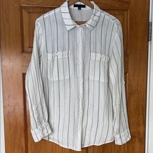 Sanctuary Off White Cotton Button-Down Shirt with Thin Black Stripes